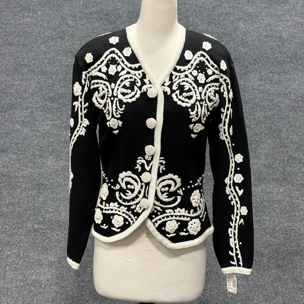Vintage Marisa Christina Cardigan Sweater Womens Medium Black Beaded Floral 80s